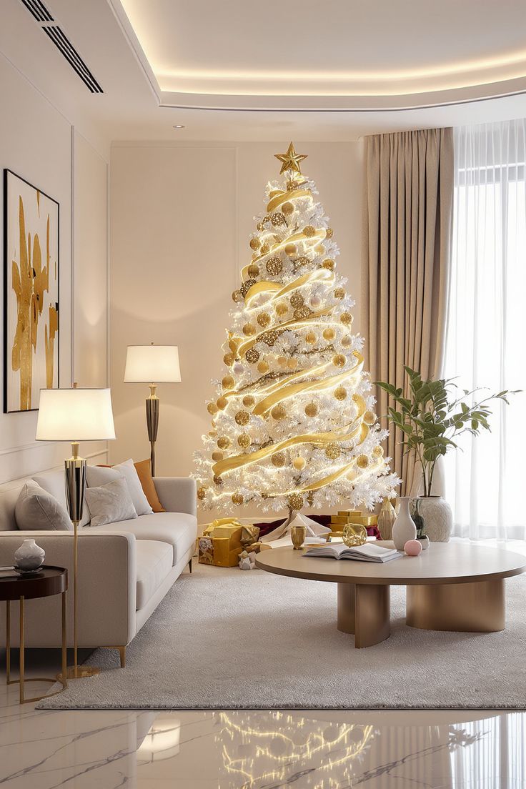 Monochrome Gold and White Christmas Tree Decor Inspiration